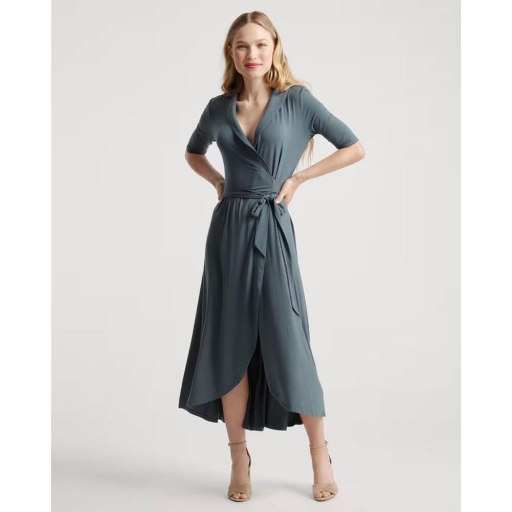 Quince Women Tencel Jersey Midi Wrap Dress Dark Olive Basic Sleeved L